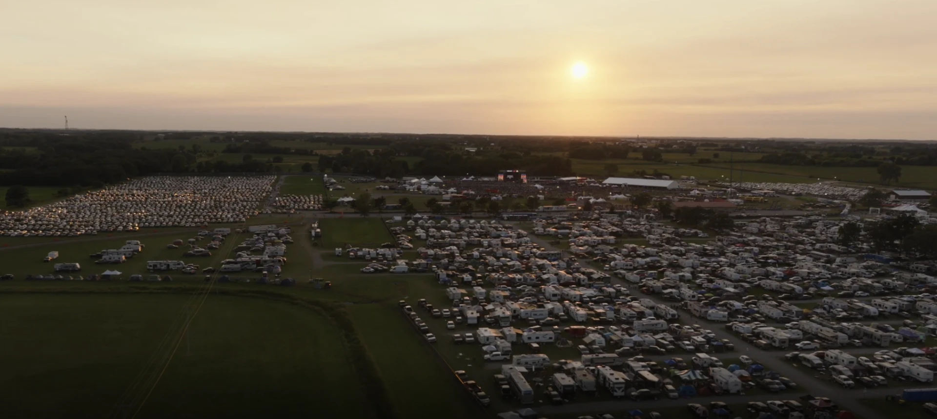 Aerial view of the XRoads41 festival grounds at sunset