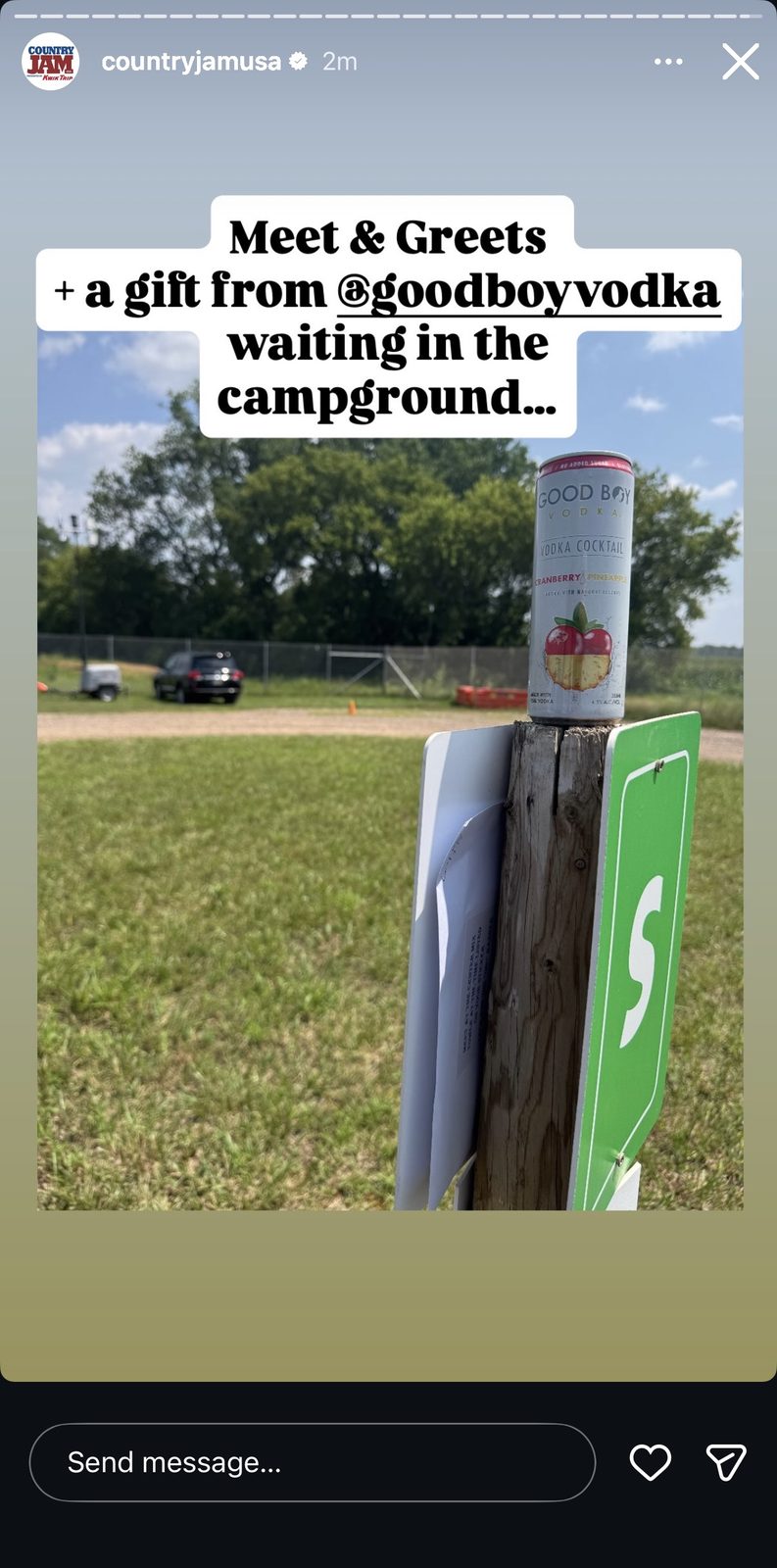 Country Jam story featuring a Good Boy Vodka campground gift